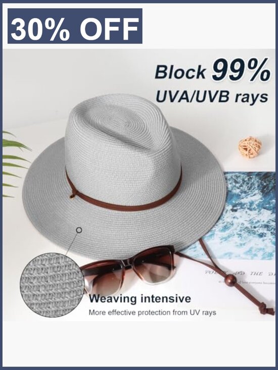 Wide Brim Straw Sun Hat with Chin Strap UPF 50+ Fedora Bucket Hat